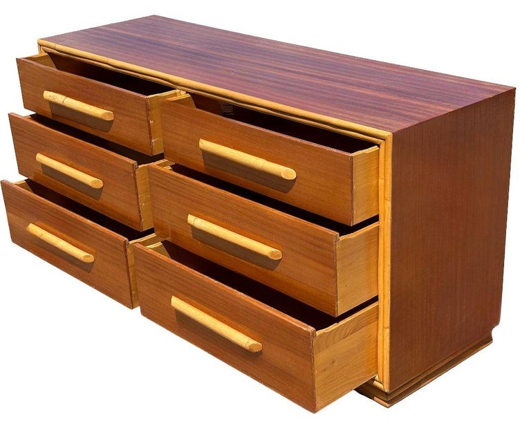 Restored Rattan and Mahogany Lowboy Dresser and Nightstand Set