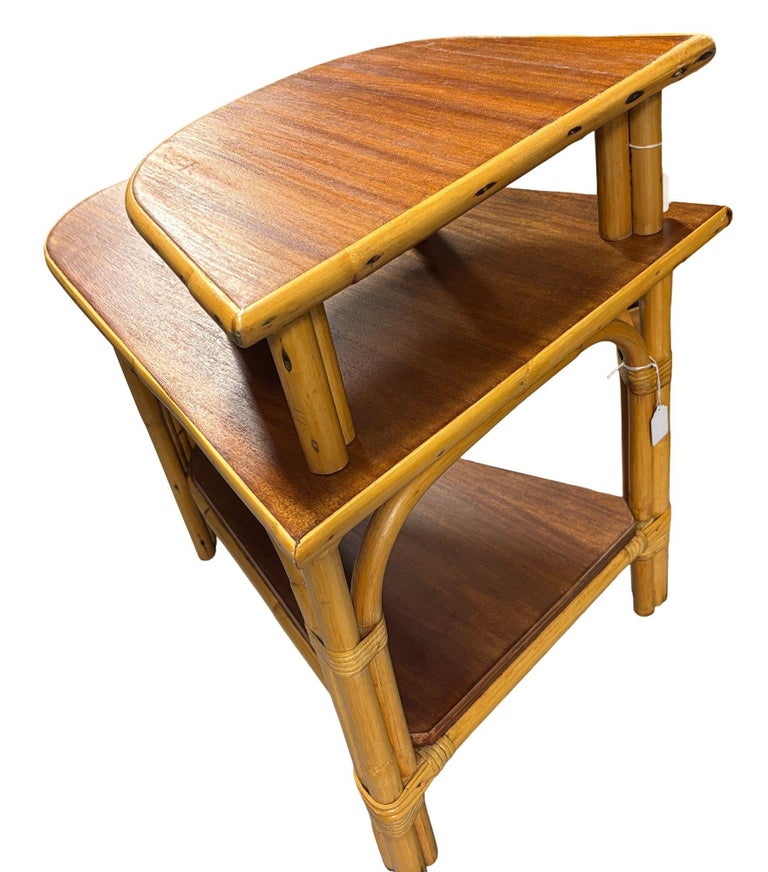 Restored MCM Rattan & Mahogany 3-Tiered Vertically Stacked Rattan Wedge Table