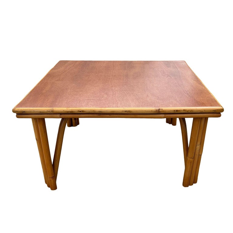 1950s Restored MCM Rattan Coffee Table with Mahogany Top and Rattan Border