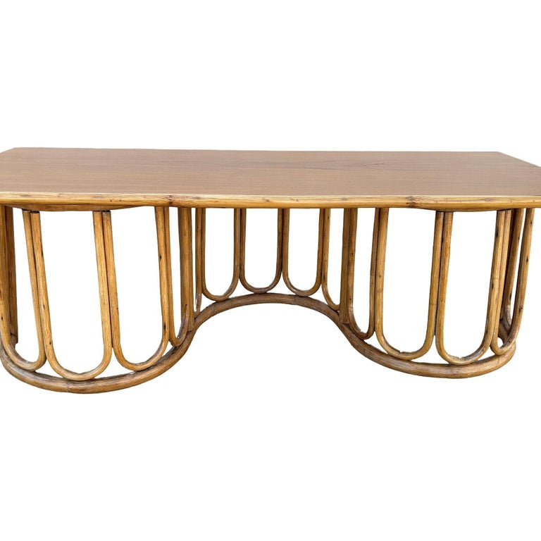 Restored Rattan and Mahogany Coffee Table with Wavy Base