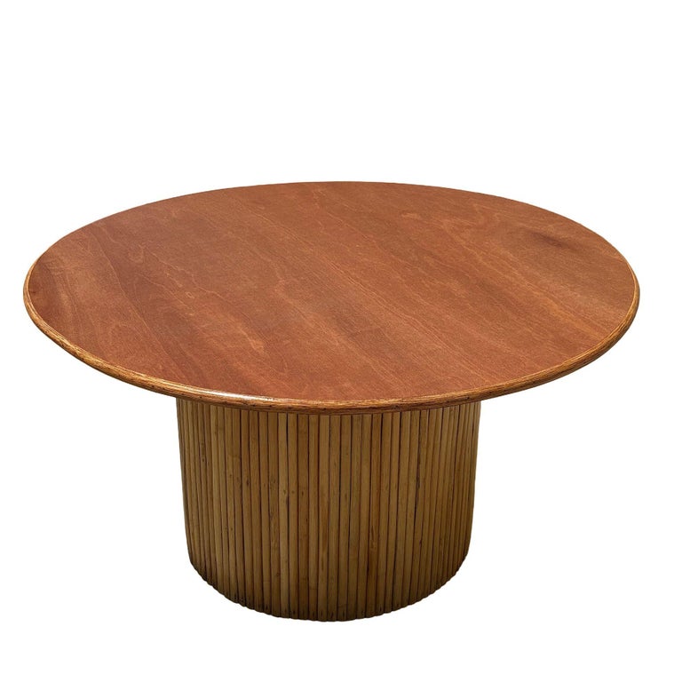 MCM Coastal Round Stacked Rattan Pedestal Table Mahogany Top, 2 Available