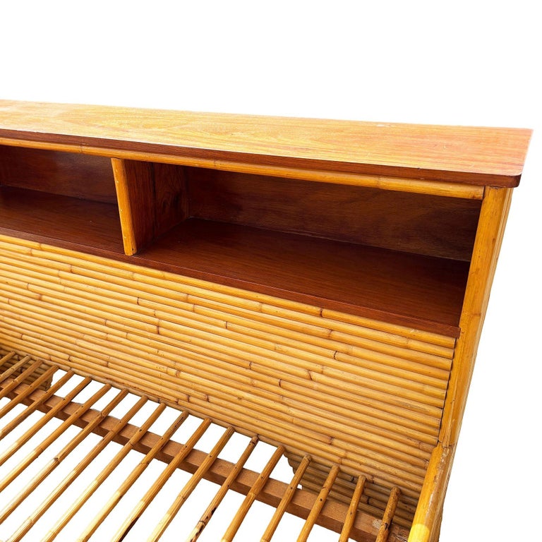 Restored Mid-century Queen Size 13-strand Stacked Rattan Bed Frame w/ Book Shelf
