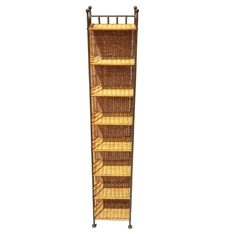 1990s Boho Wicker & Cast Iron Compact Disc CD Holder Towers, Pair