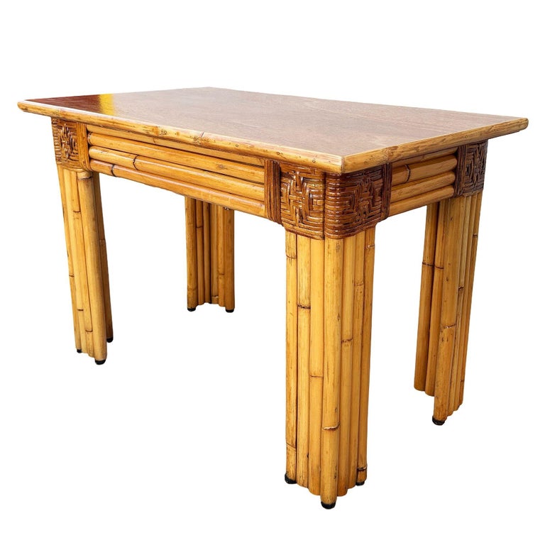 Restored Mid-century Vertically Stacked Rattan Mahogany Top Console Table