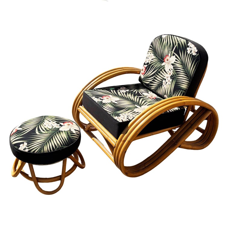 Restored MCM 3-Strand 3/4 Reverse Pretzel Rattan Lounge Chair& Ottoman Pair