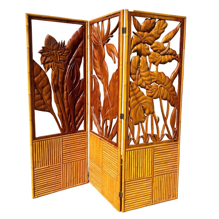 3 Panel Mid-Century Carved Koa Wood & Stacked Rattan Folding Screen