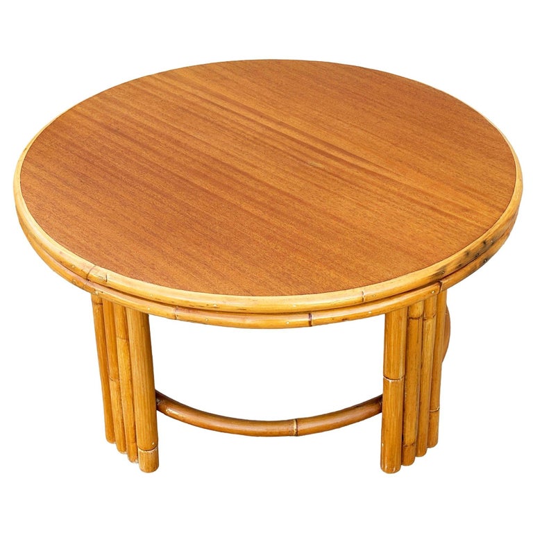 Restored Mid-century O-Base Round Costal Rattan End Table W/ Mahogany Top