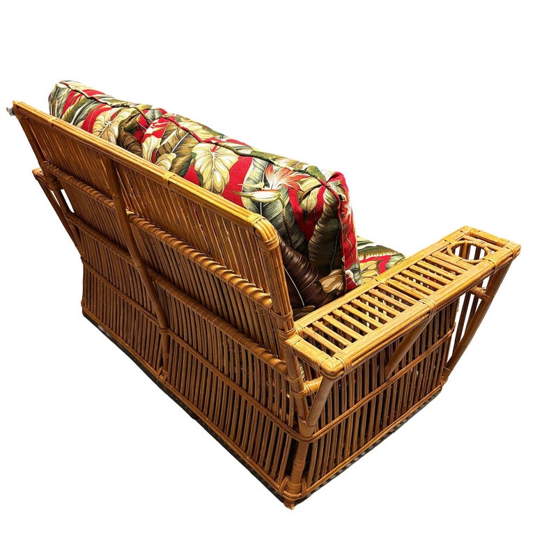Deco Style "Presidents" Stick Reed Rattan Nantucket 3-Seat Sofa, Floral Cushions