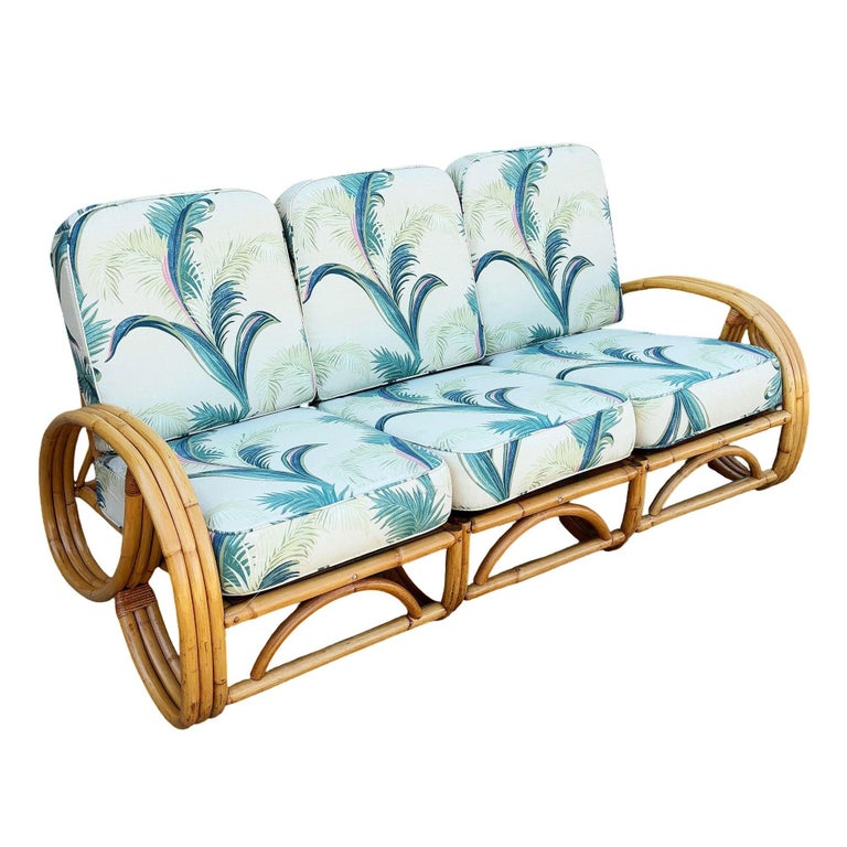Restored Mid-Century 3-strand 3/4 Round Pretzel Arm Rattan Sectional 3-Seat Sofa