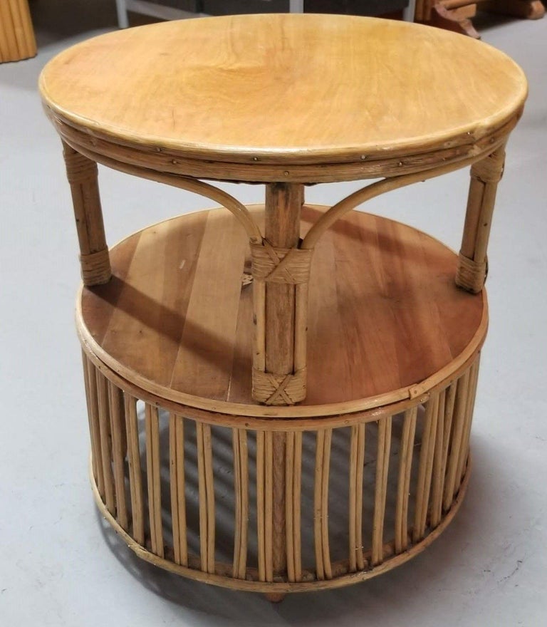 Restored Rattan Round Side Table with Pencil Reed Base