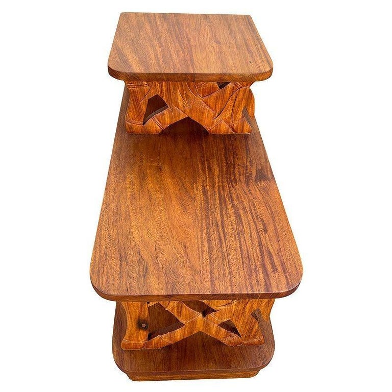 Restored Hand Carved Koa Wood 3 Tiered Side Lamp Table w/ Bamboo Motif