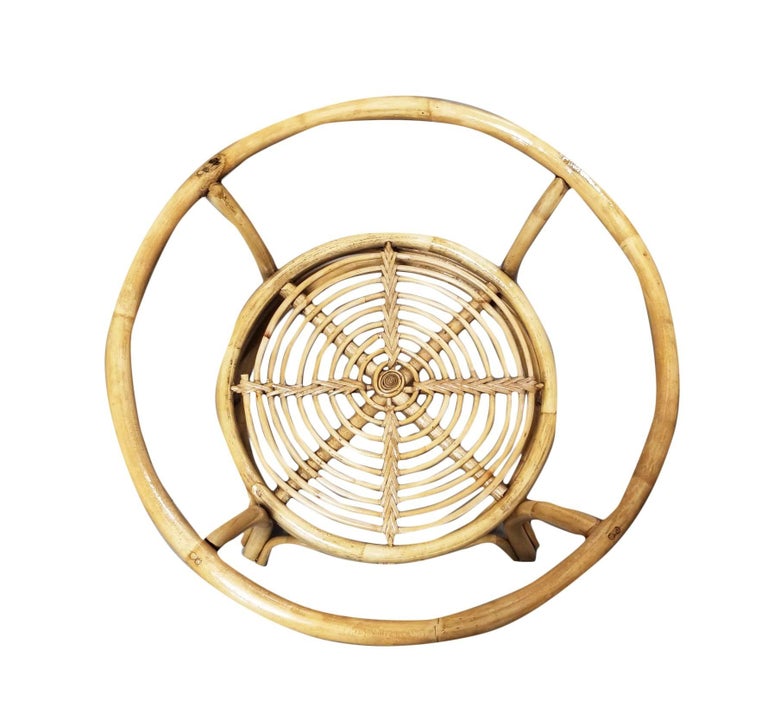 Restored Round Two-Tier Rattan Spiral Coffee Table w/ Glass Top