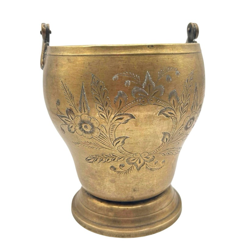 Late Victorian Hand Etched Floral Brass Ice Bucket w/ Whimsical Handle