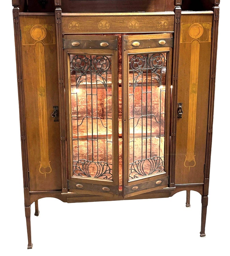 Antique Art Nouveau Mahogany and Floral Marquetry Display Cabinet