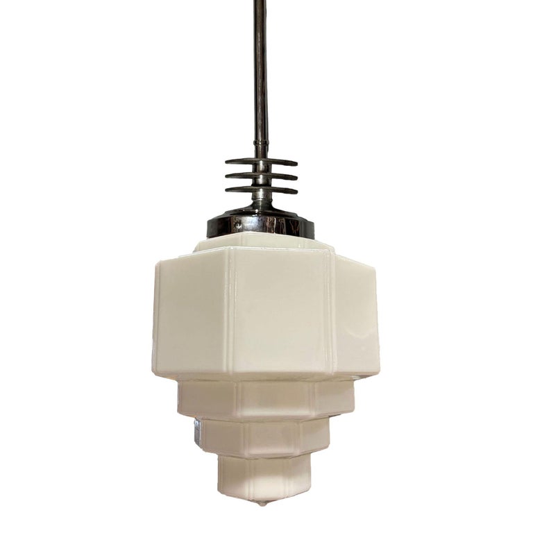 Art Deco Chrome Streamline Pendant Light w/ Stepped Milk Glass Shade