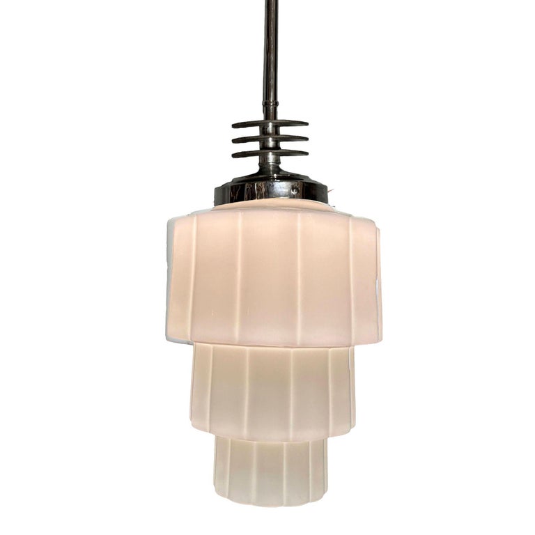 Art Deco Chrome Streamline Pendant Light w/ Stepped Milk Glass Skyscraper Shade
