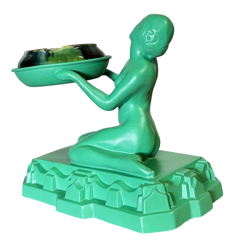 1920s Green Enamel Nuart Nude Female Ashtray With McCoy Ashtray
