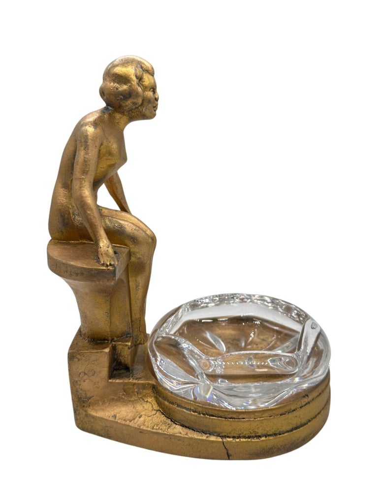 Art Deco Nude Woman Seated at Pool Bronze & Crystal Sculpter Ashtray by Nuart