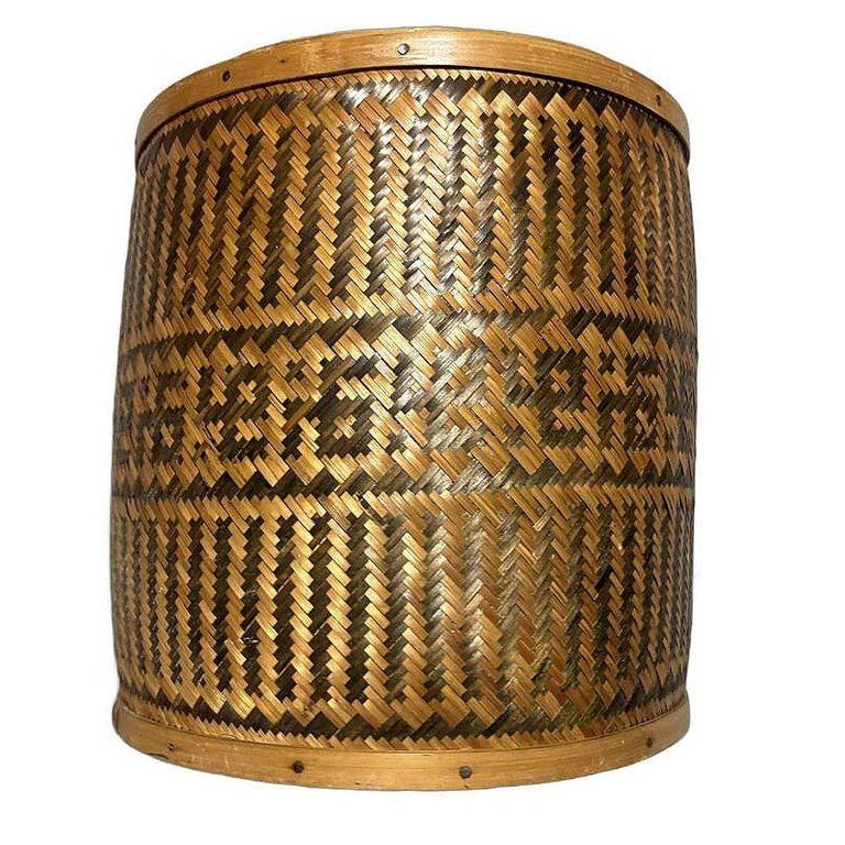 Tall Traditional Thai Hand Woven Wicker Rice Storage Basket w/ Lid