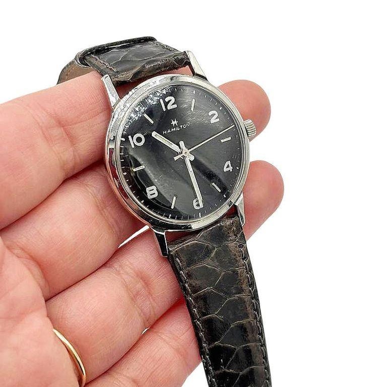 1950 Hamilton Thin-O-Matic Wristwatch w/ Black Dial on Leather Band