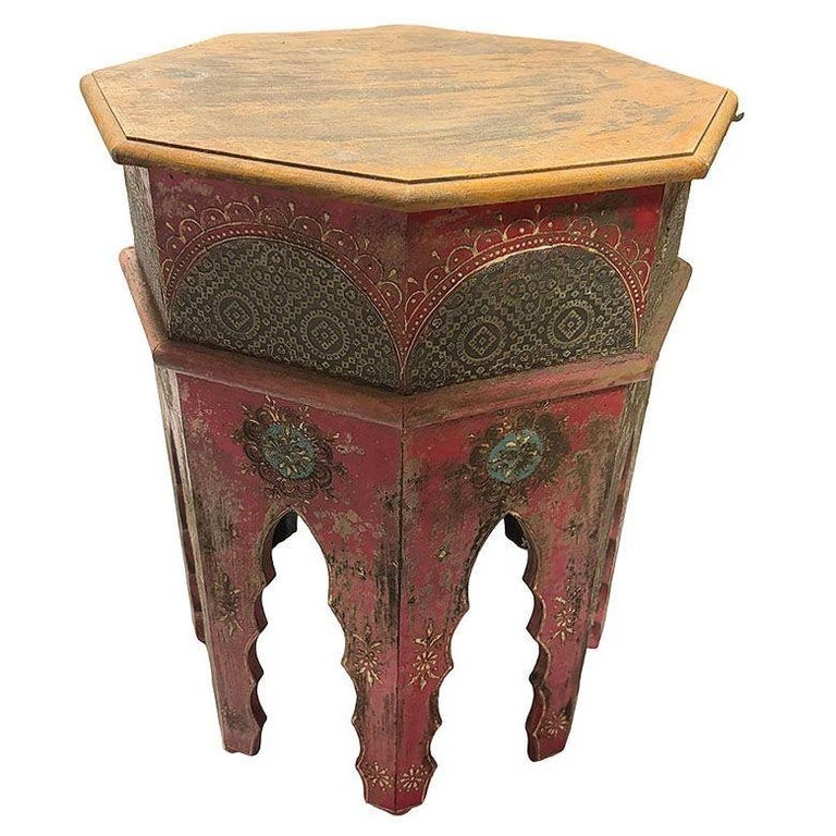 Hand Painted Moroccan Hexagon Wooden Boho Side Table w/ Brass Inlays