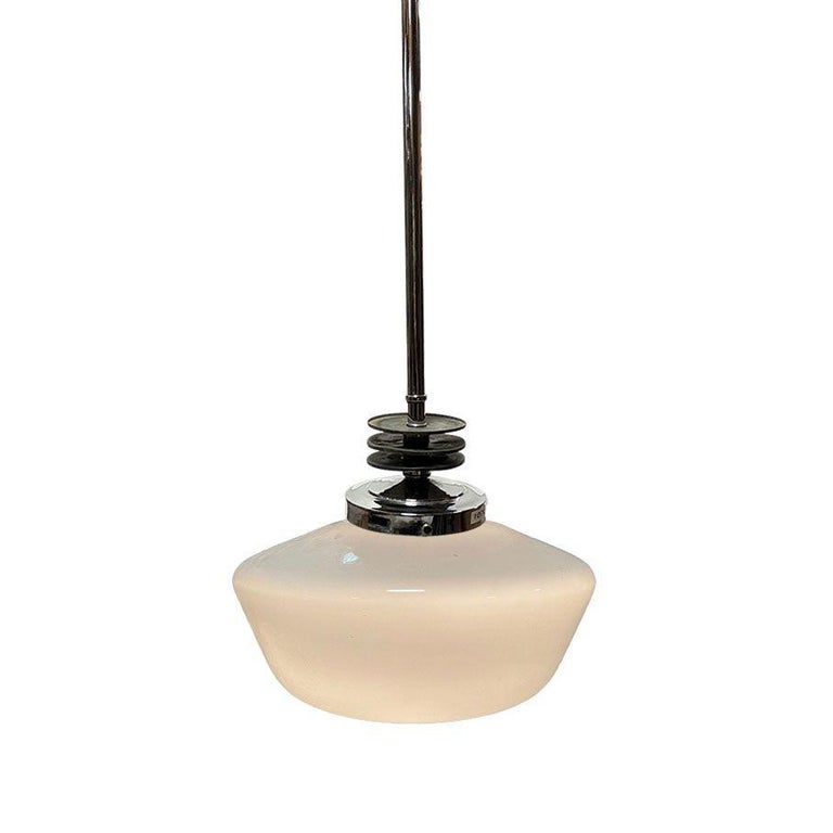 Art Deco Chrome Streamline Pendant Light w/ Opal Schoolhouse Globe