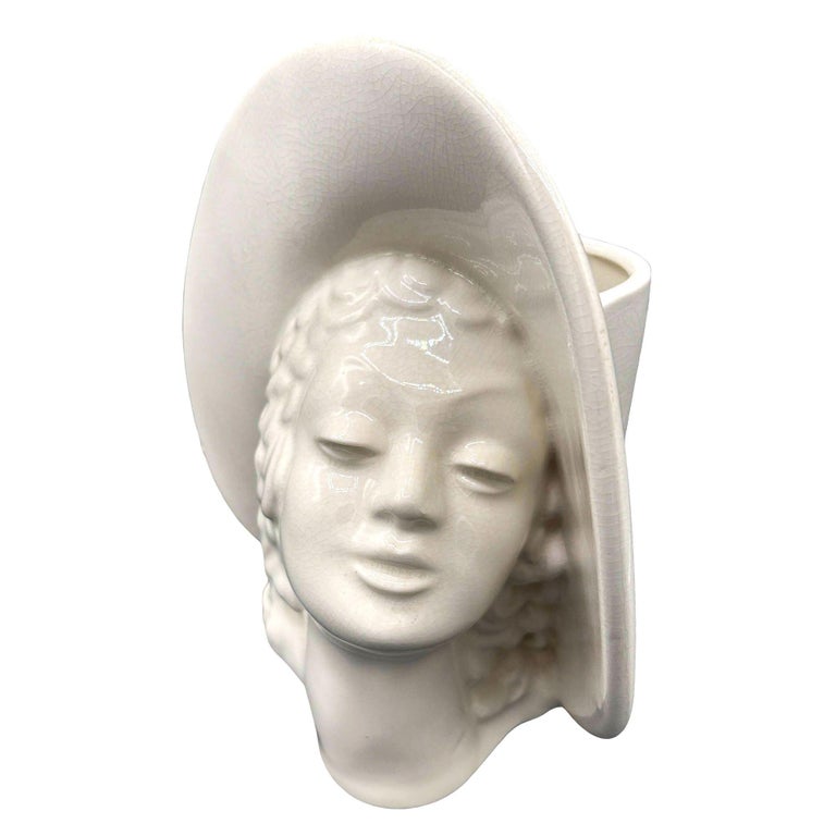 Large Art Deco Hat Lady Bust White Ceramic Planter by Royal Haeger