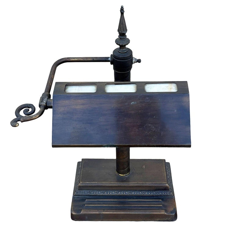 Arts & Crafts Mission Bronze Wash Brass Desk Lamp w/ Clerestory Glass Insets