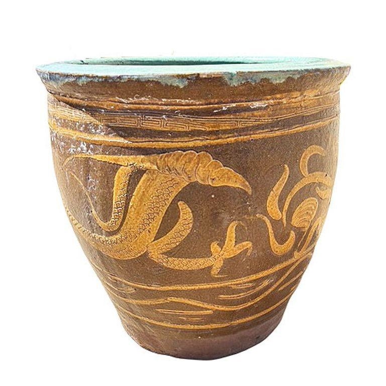 Antique Century Chinese Egg Art Pottery Holder Bird & Dragon Jardinière Planter