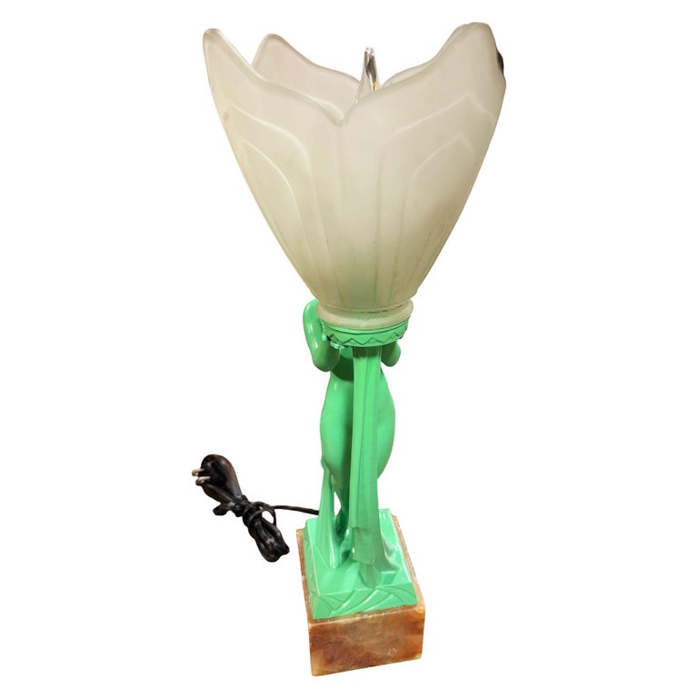 French Green Spleter Metal Art Deco Style Biba Lamp on Marble by Jacques Limousi