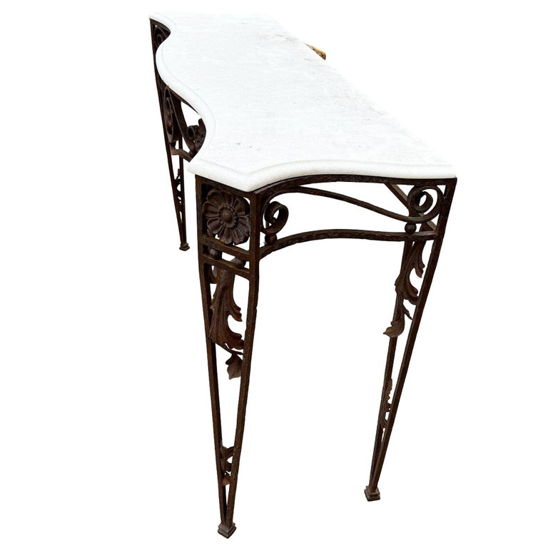 20th Century Neo-Gothic Bronze Colored Cast Iron Console w/ Carrara Marble Top