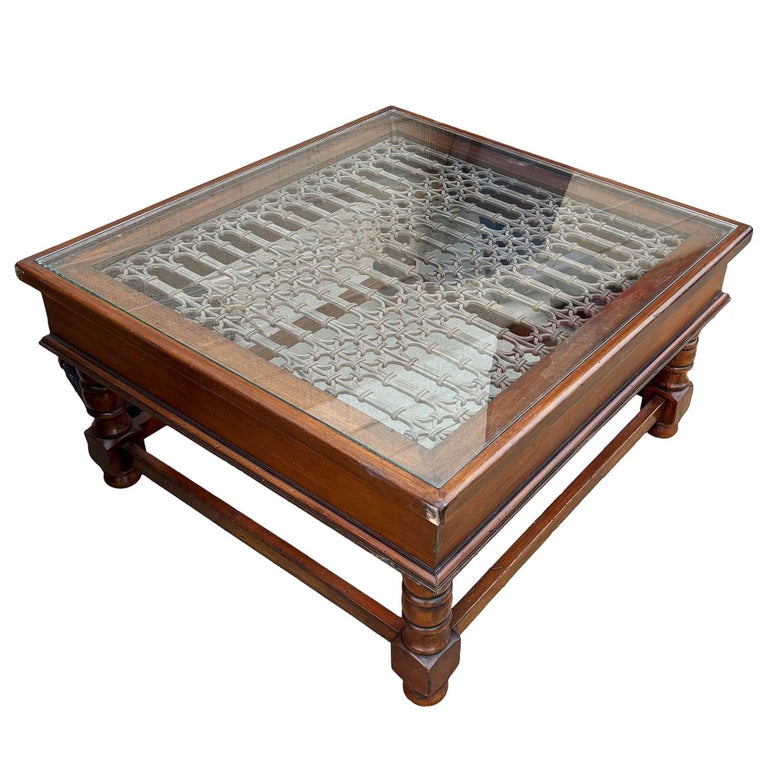 Anglo-Indian Modern Carved Sheesham Wood, Glass & Iron Window Coffee Table