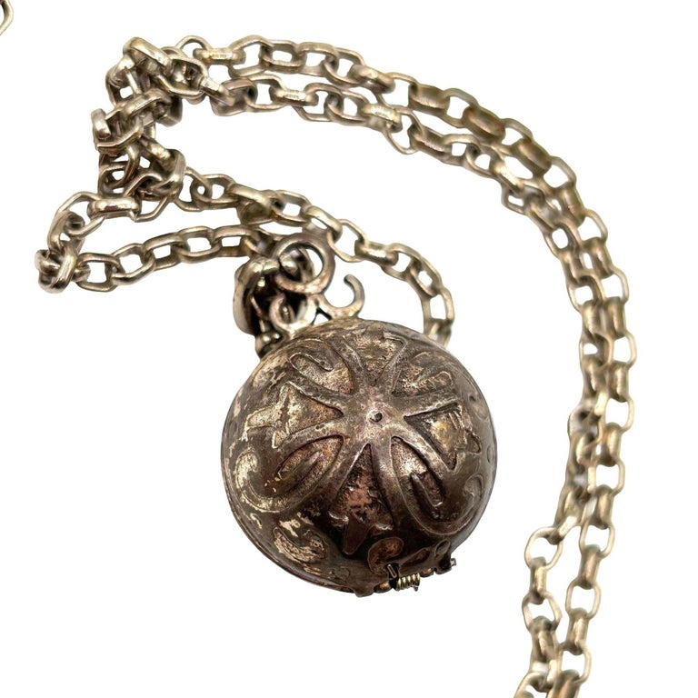 20th Century Sterling Silver Orb Ball Pomander Locket Pendant on Chain