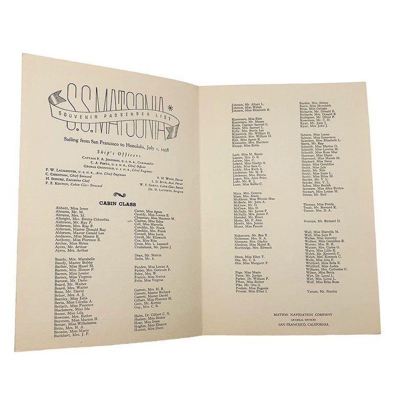 1938 SS Mariposa Artwork by Frank Mcintosh Guest List for Matson Lines