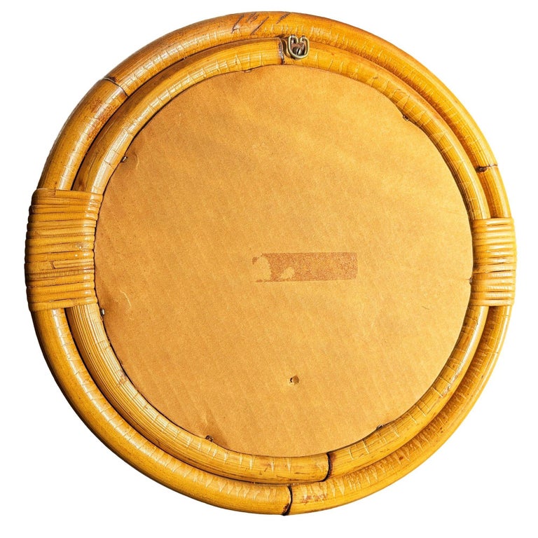 Restored Mid-century 12" Four-Strand Tropical Rattan & Wicker Round Wall Mirror