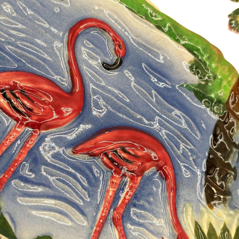 Mid-century Pottery Florida Beach Pink Flamingo Round Decrotive Wall Plate