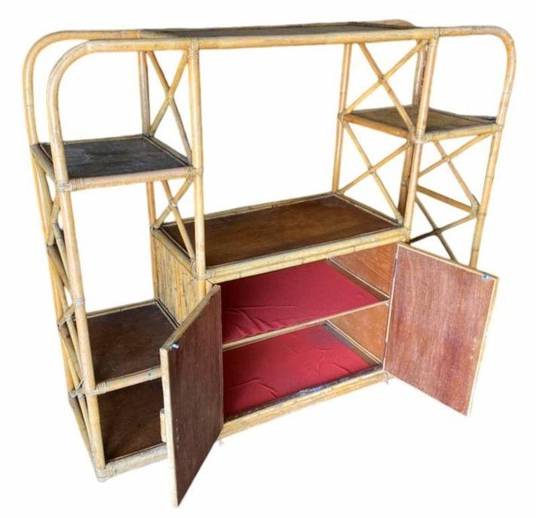 Restored Rattan Seven-Tier Display Shelf Wall Etagere Unit w/ Cabinet