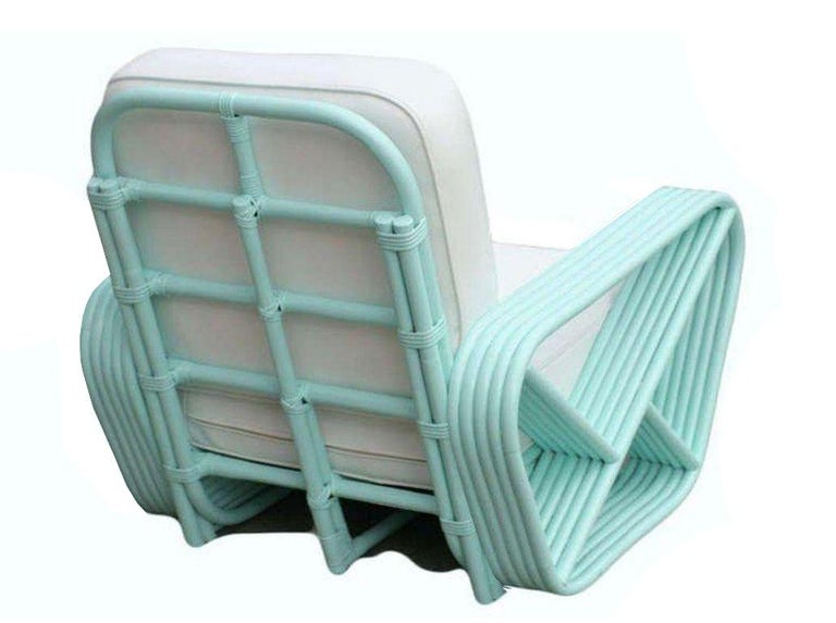 Restored Aqua Turquoise 5-Strand Square Pretzel Rattan Lounge Chairs , Pair
