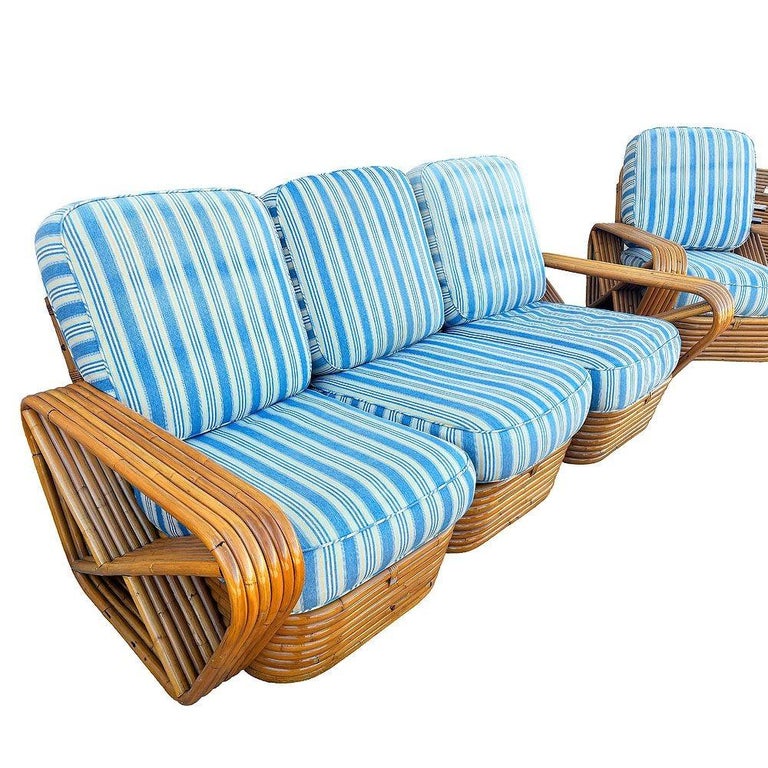 Restored MCM Rattan Six Strand Square Pretzel Table & Seating Livingroom Set