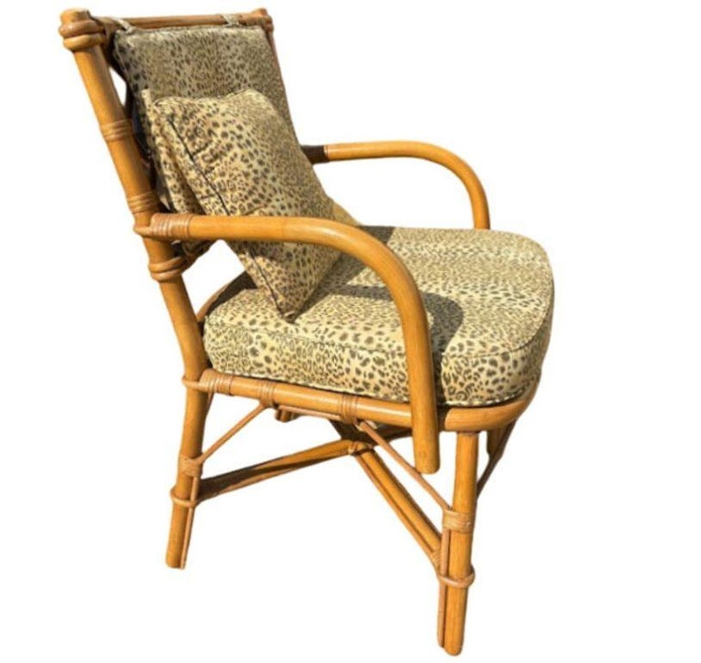 Restored Mid-century Rattan Dining Table & Chairs w/ Leopard Print Cushions