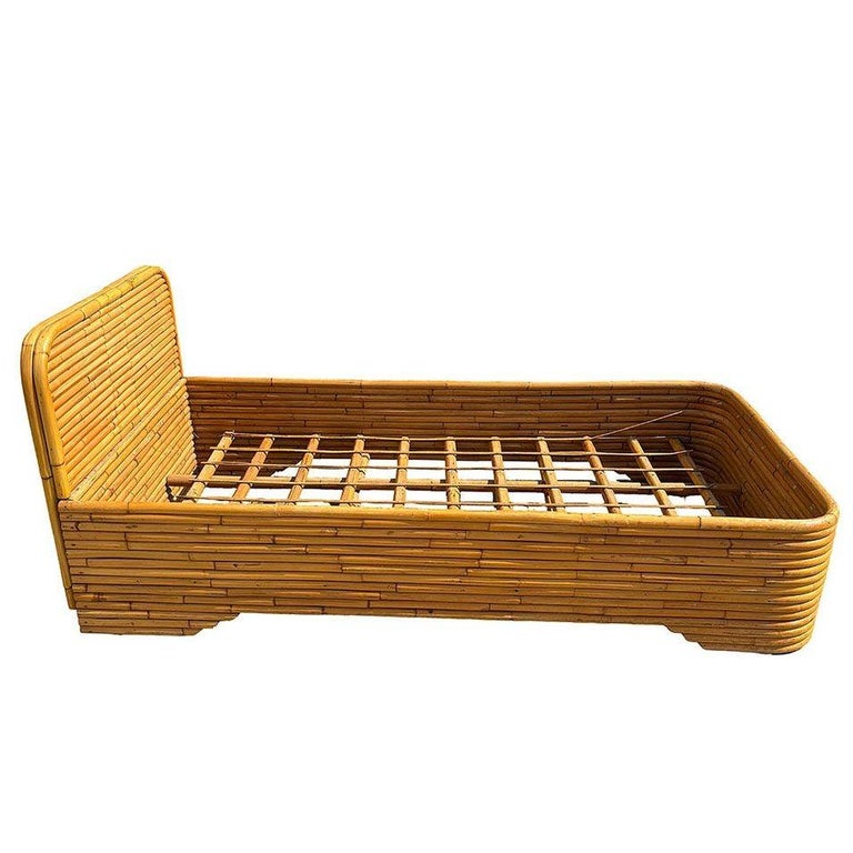Restored Art Deco 15-Strand Stacked Rattan Bed TWIN Bed Frame Headboard, 2 Avail