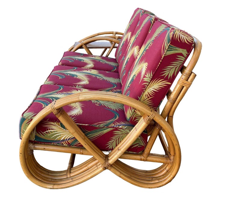 Restored Rattan 3-Strand Full Round Pretzel Sofa & Side Table Living Room Set