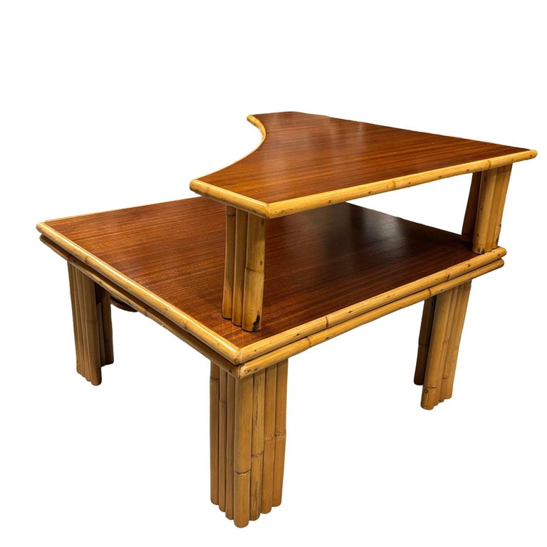 Restored Mid-century Stacked Rattan & Mahogany Two-Tiered Corner Side Table