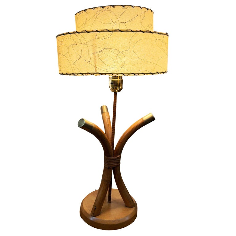 Restored Hourglass Palm Shaped Rattan & Mahogany Lamp w/ Whipple Stitch Shade