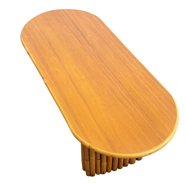 Restored Rattan & Koa Wood Oval Surfboard Coffee Table w/ Stacked Rattan Legs
