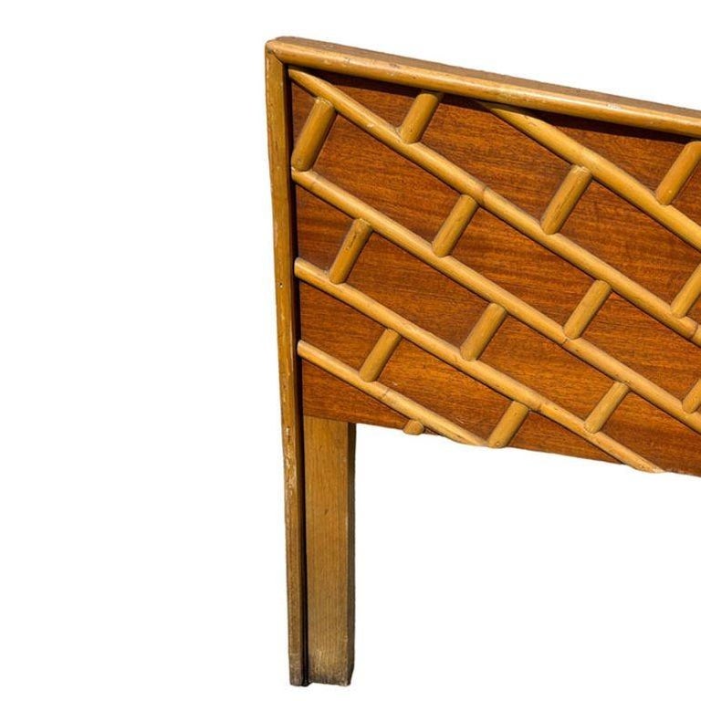Restored Mid-century Geometric Brick Pattern Rattan & Mahogany Twin Headboad