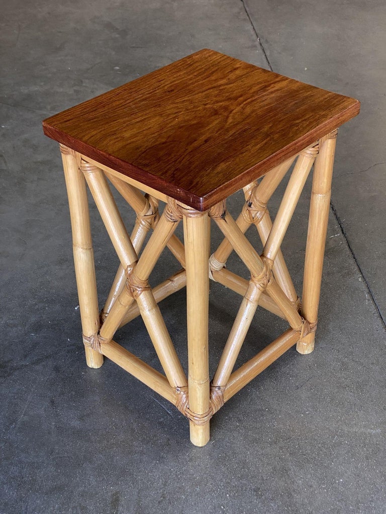Restored Set of 3 Rattan Nesting X Side Tables with Mahogany Top