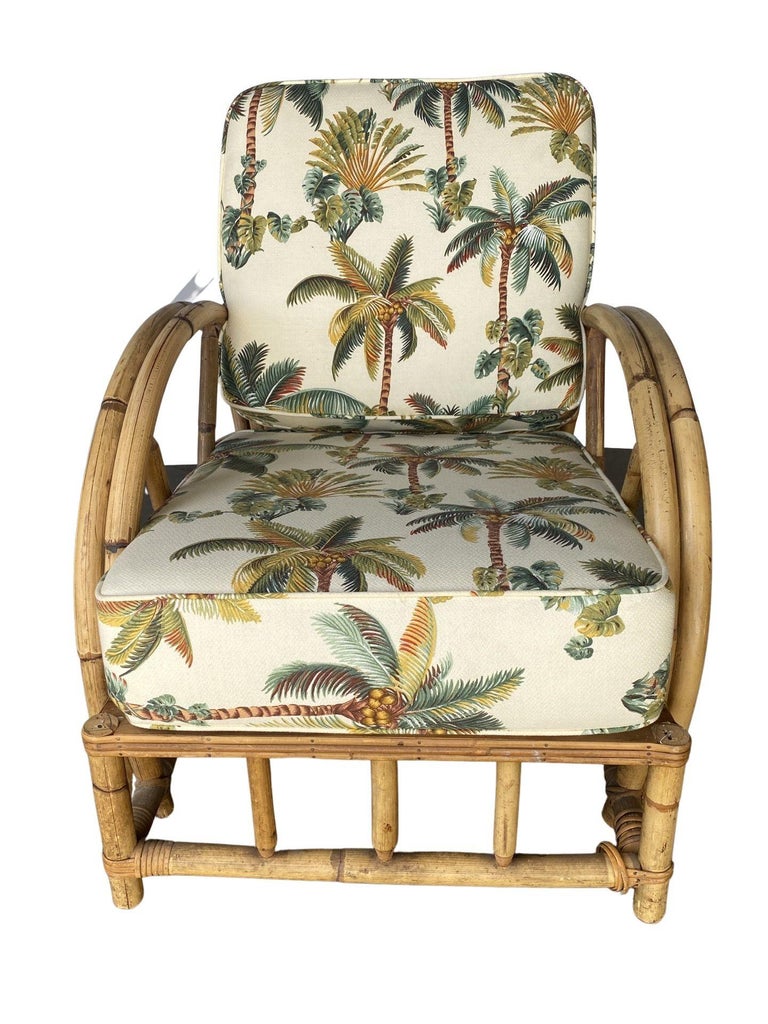 Restored 2-Strand Half Moon Rattan Lounge Chair w/ Adjustable Back & Ottoman