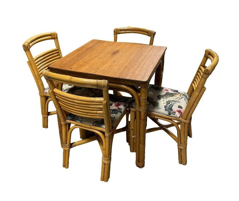 Restored Rattan Sapele Ribbon Mahogany Dining Table w/ Stacked Rattan