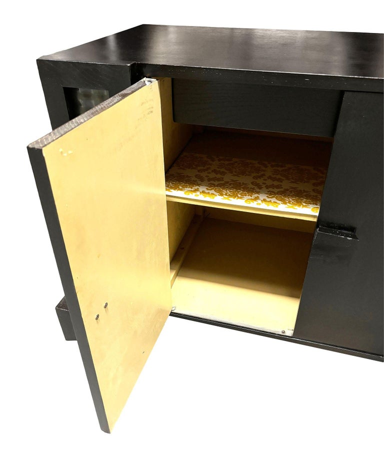 Mid Century James Mont Styled Black Lacquered & Glass Bar Cabinet & TV Stand
